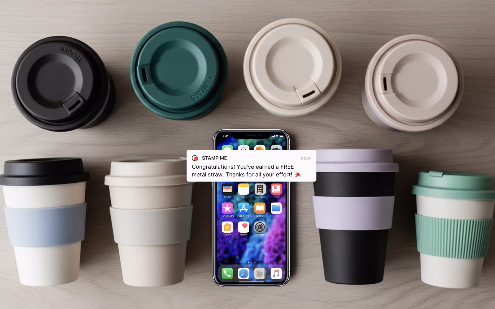 Eco-friendly loyalty rewards like reusable cups and digital app messages.